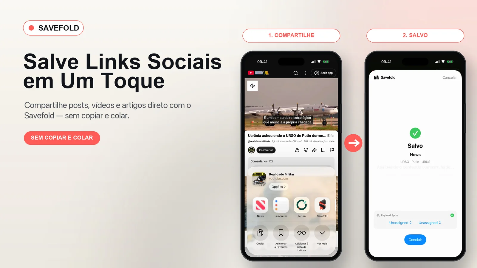 Compartilhamento do Savefold no iPhone mostrando um link social enviado diretamente para o app