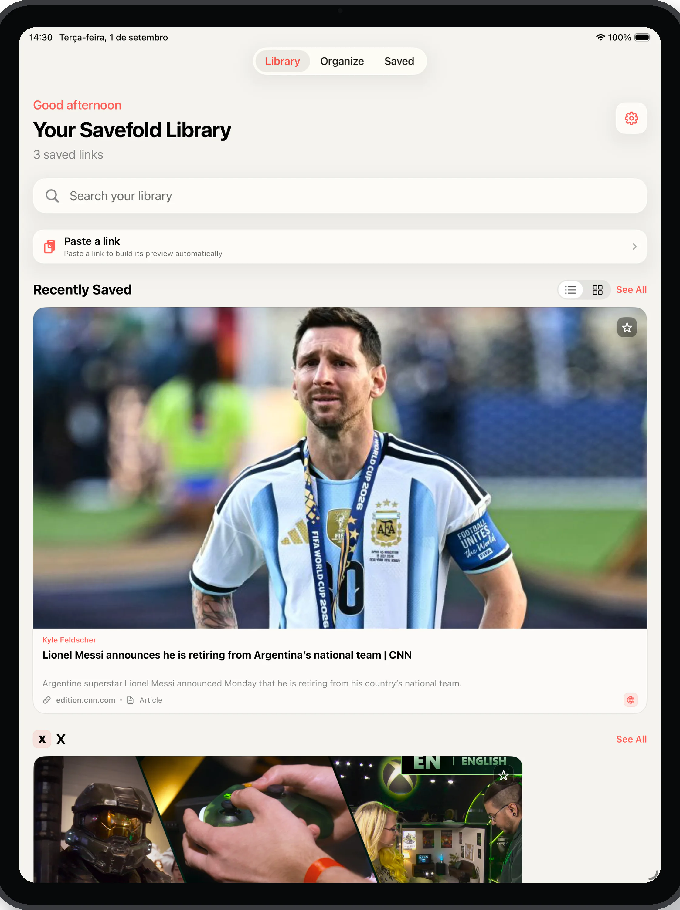 Pantalla Biblioteca de Savefold en iPad