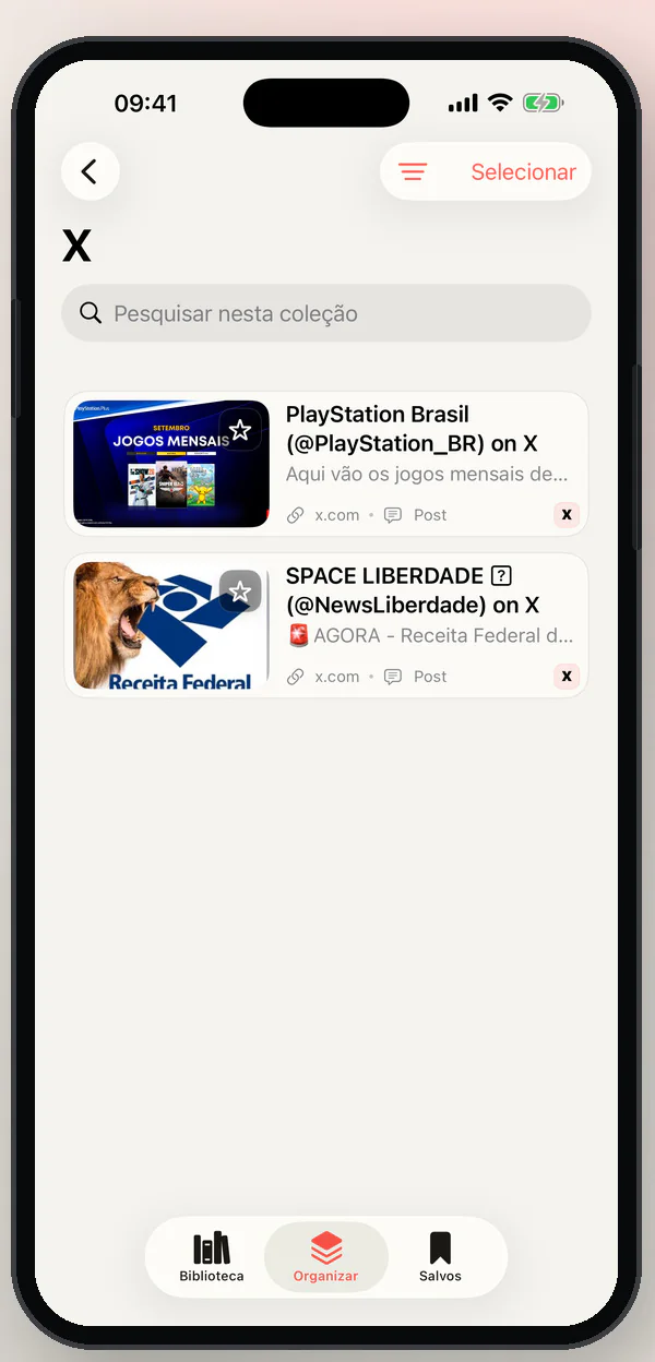 Coleção do X no Savefold com posts salvos pesquisáveis